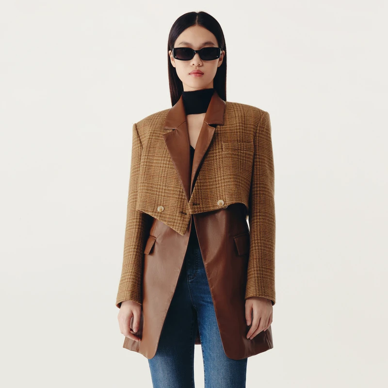 HPLY/荷比俪冬新款女复古两件套毛呢皮质马甲外套HEC43520462