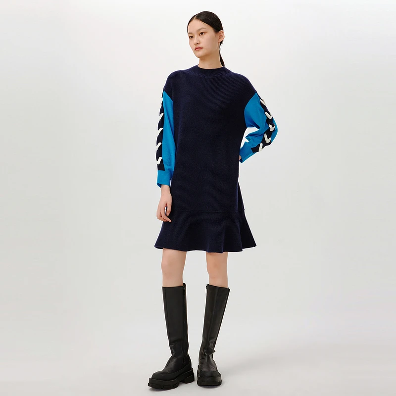 HPLY/荷比俪冬女设计师休闲减龄拼色时尚荷叶边提花连衣裙经典