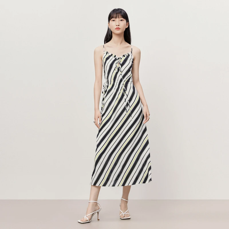 HPLY荷比俪2023夏季新款女浪漫度假条纹吊带连衣裙HRD27750326