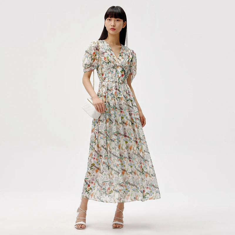 HPLY荷比俪夏季新款花卉字母V领修身浪漫女装连衣裙HMC22750022