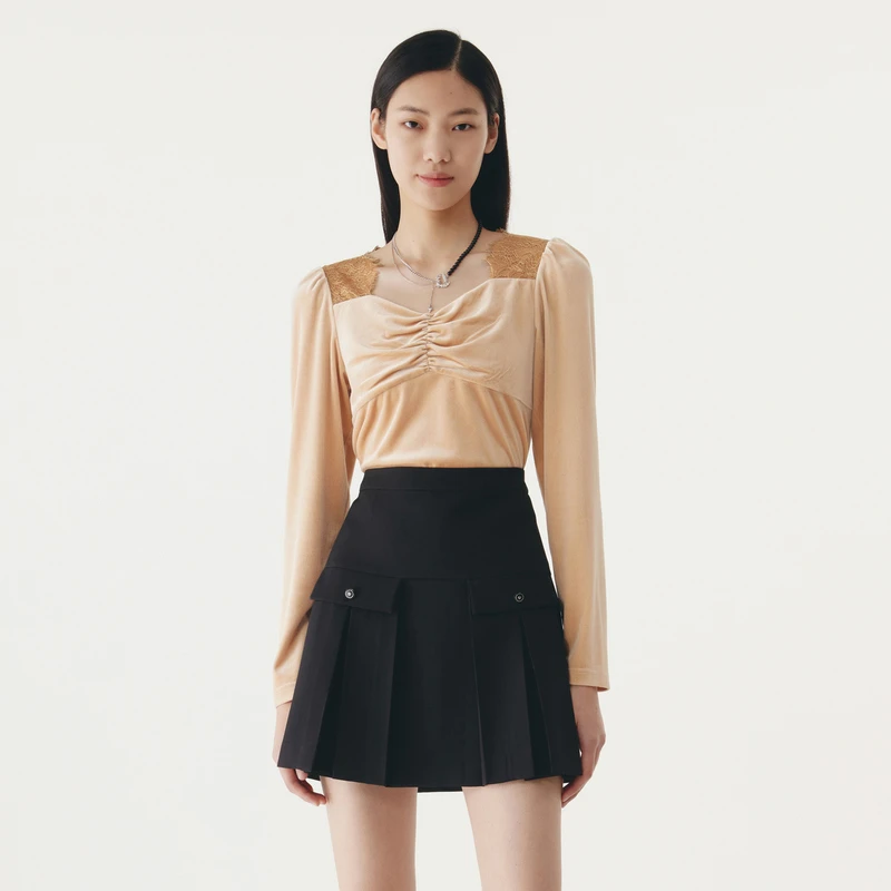 HPLY荷比俪秋季新款女蕾丝拼接复古方领气质上衣HMC32610306