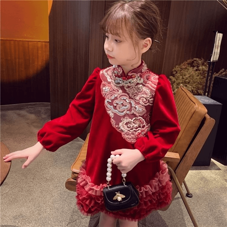 洋气女童中国风连衣裙加绒冬装2023新款儿童红色公主裙女孩拜年服