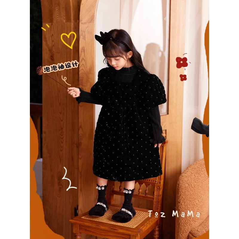 豆几妈12/2【黑金报刊】儿童连衣裙女童冬款泡泡袖设计公主风厚