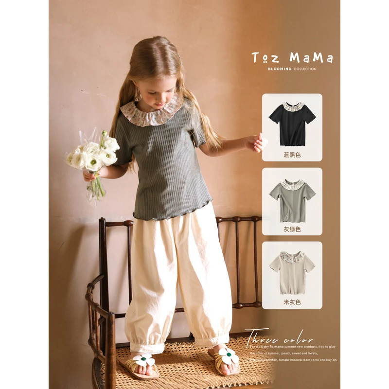 【Toz Girls豆几妈高端女童】碎花领短袖t恤春季宝宝百搭上衣