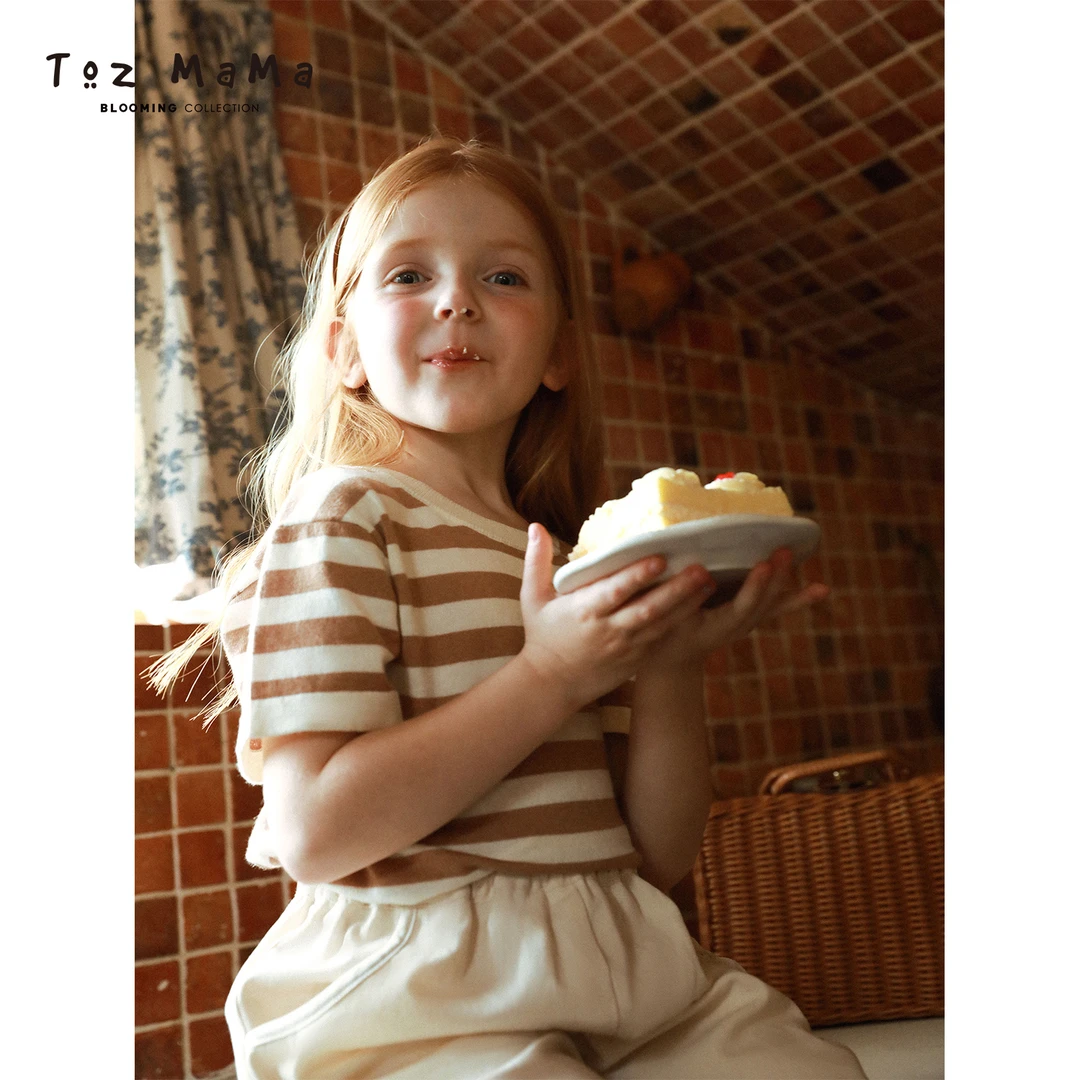 【Toz Girls豆几妈高端女童】康赛妮弹力针织短袖t恤女童条纹上衣