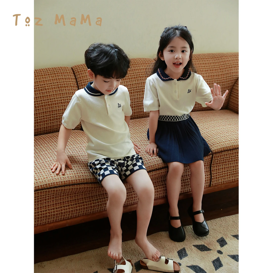 豆几妈【首尔画报】儿童套装夏季男女童百褶半裙棋盘格学院6/3