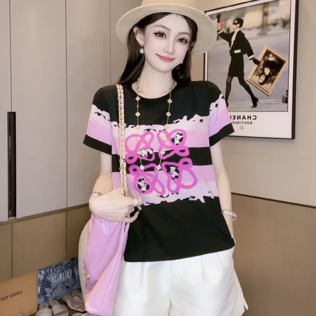 【深圳南油】（F056）100%真丝双绉可爱小熊猫图案桑蚕丝t恤上衣