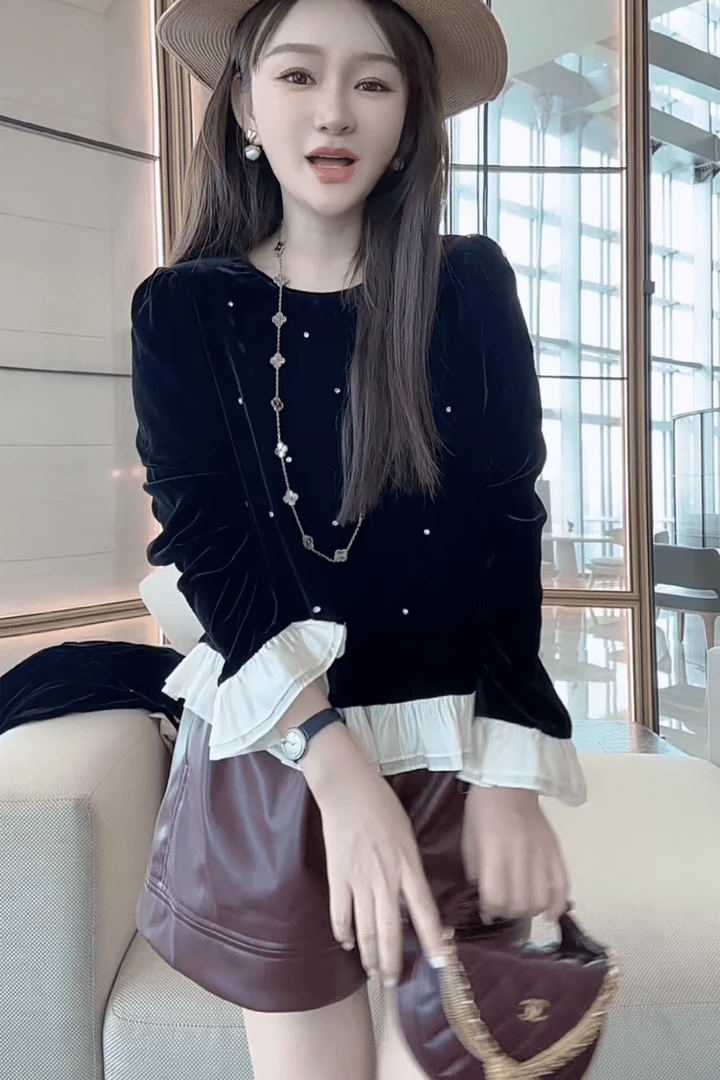 【丝芙玉禄】【F236】100%桑蚕丝圆领烫钻拼接气质真丝丝绒上衣