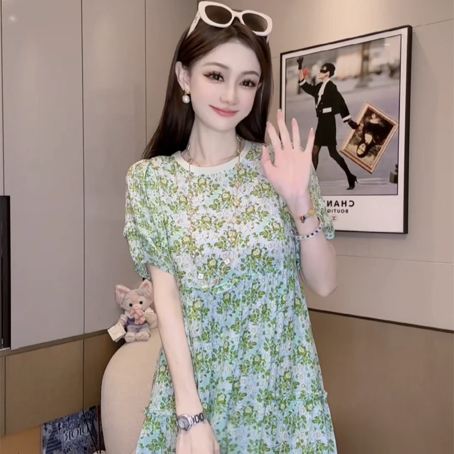 【深圳南油】【E752】100%真丝双绉印花碎花图案桑蚕丝女装连衣裙