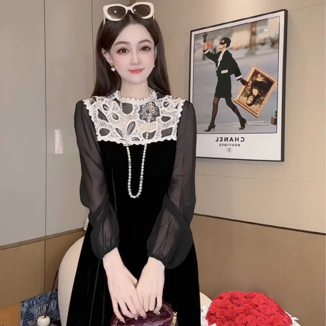 【丝芙玉禄】（S030）100%桑蚕丝重工刺绣绣花时尚真丝丝绒连衣裙