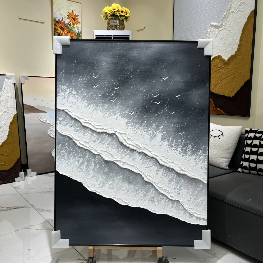 《简约海浪》纯手绘高档玄关画过道走廊装饰画升级环保背板铝合金框