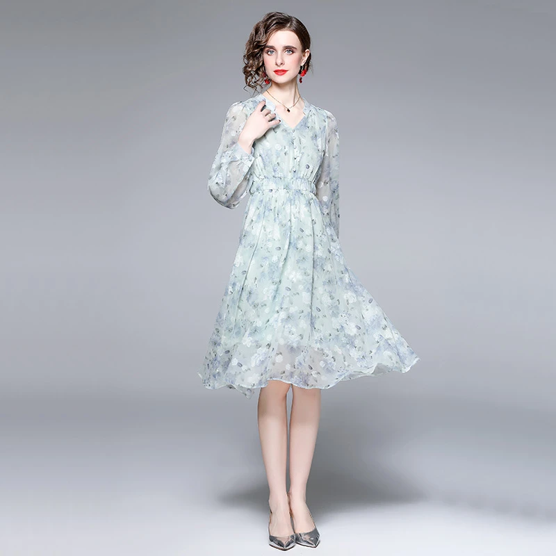 5385温柔风碎花雪纺连衣裙女2024春秋新款小个子收腰显瘦气质裙子