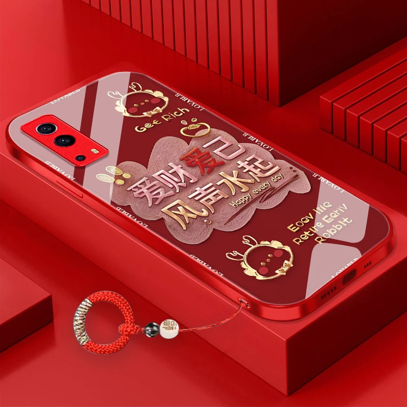 爱财爱己iQOOZ3手机壳金属漆玻璃耐脏轻奢女款保护套红色喜庆创意