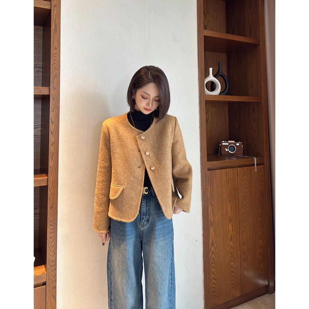 茜百万【小黄鸭】秋冬羊毛双面大衣女小香风短款毛呢外套女休闲
