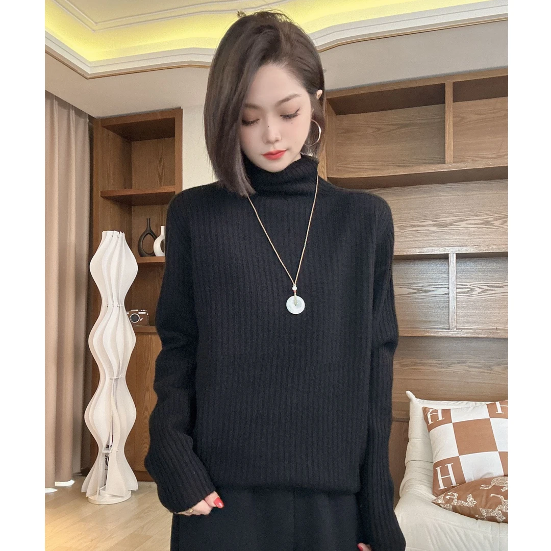 茜百万【无缝一体】竖条羊毛毛衣针织打底厚款秋冬保暖上衣女