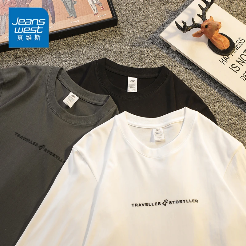 Jeanswest/真维斯春秋男士长袖T恤纯棉宽松圆领潮流上衣打底衫男