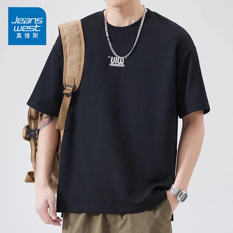 Jeanswest/真维斯夏季刺绣男士短袖潮流薄款百搭宽松圆领半袖T恤