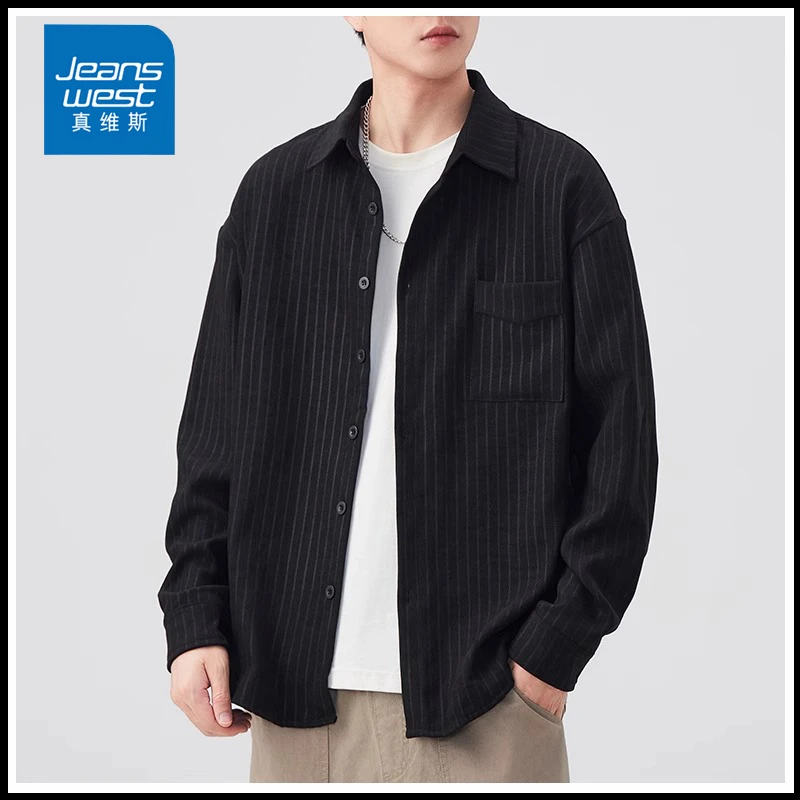 Jeanswest/真维斯春秋新款条纹衬衫男士休闲百搭宽松翻领长袖外套