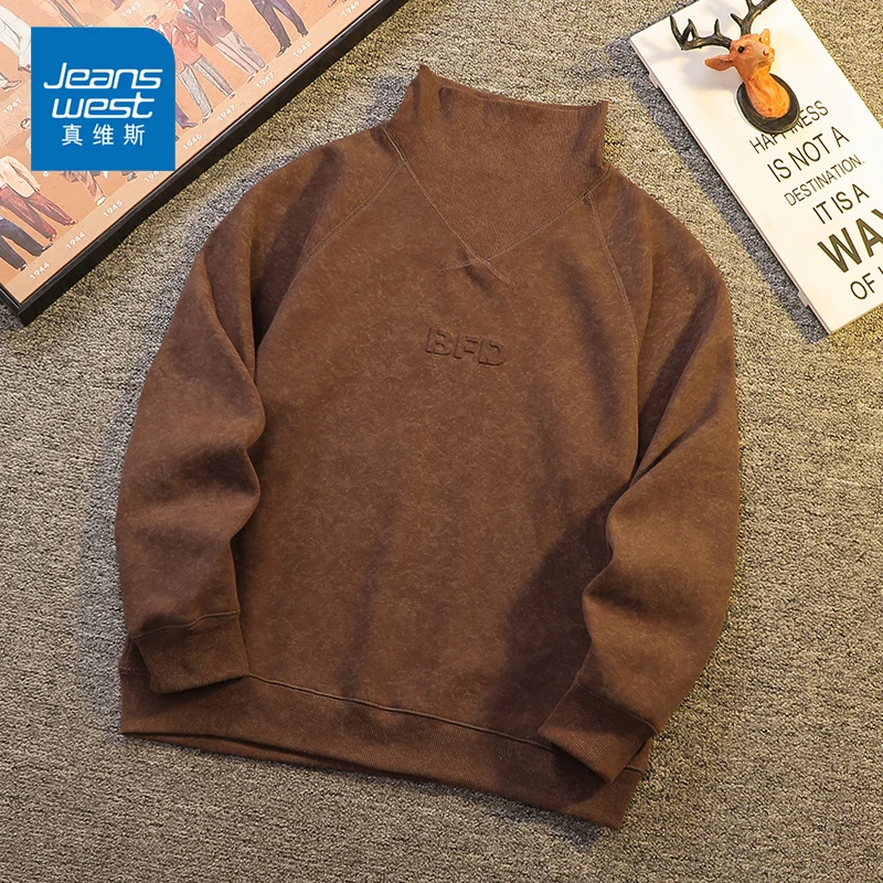 Jeanswest/真维斯美式高领卫衣男生春秋重磅潮流百搭宽松长袖上衣