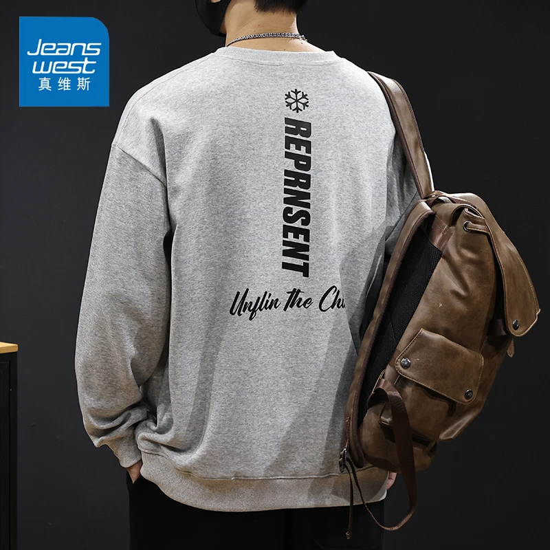 Jeanswest/真维斯美式圆领休闲长袖男生春秋潮流百搭宽松印花卫衣