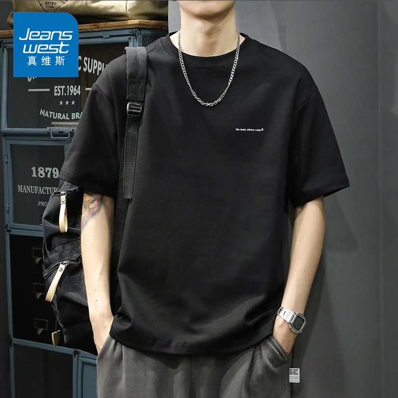 Jeanswest/真维斯夏天男士短袖潮牌薄款印花百搭半袖圆领宽松T恤