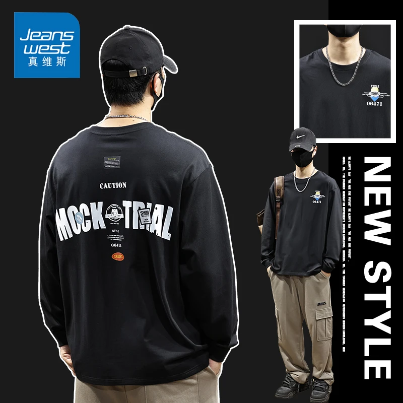 Jeanswest/真维斯美式印花春秋长袖男款潮流圆领百搭宽松休闲T恤