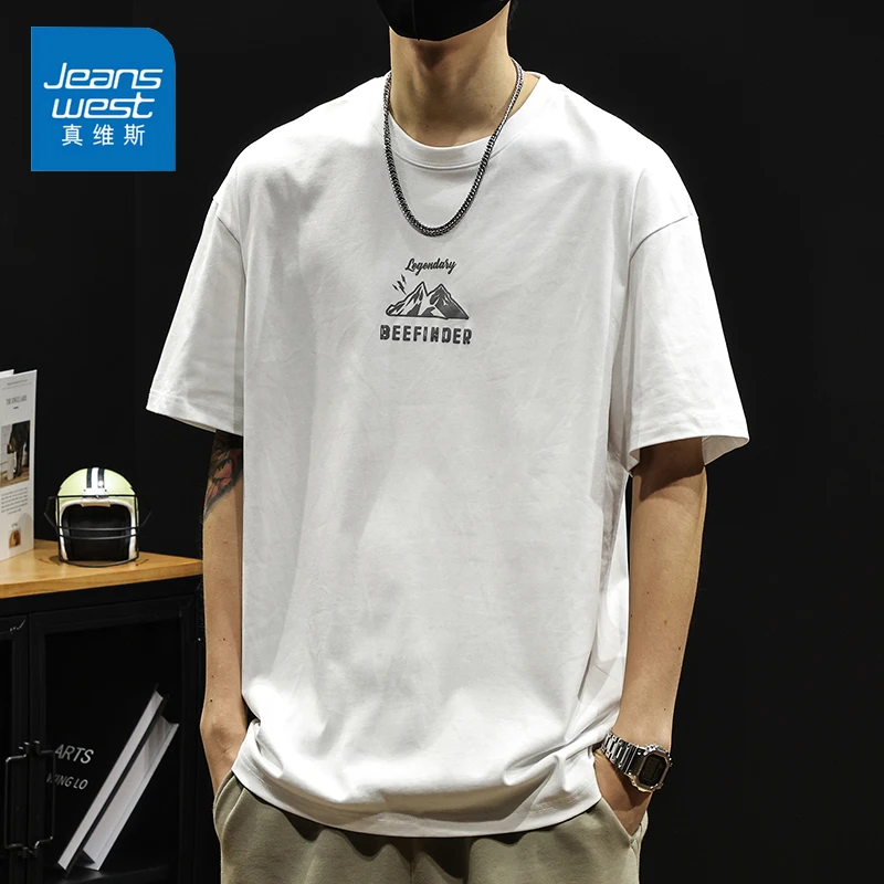 Jeanswest/真维斯印花百搭男士短袖半袖夏季薄款宽松圆领潮牌T恤
