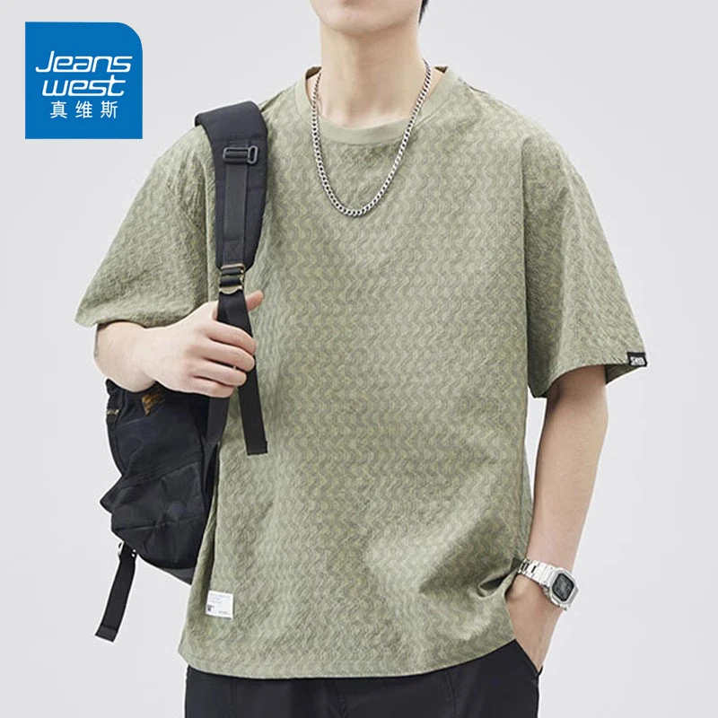 Jeanswest/真维斯美式休闲宽松T恤男士夏季薄款潮牌百搭圆领短袖