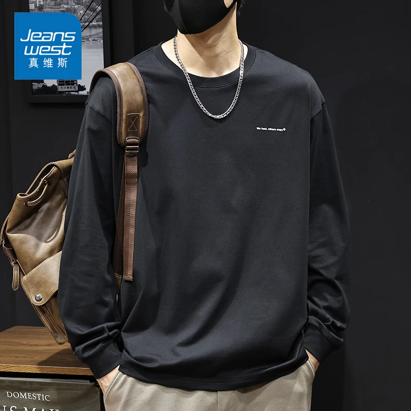 Jeanswest/真维斯春秋纯棉圆领长袖男生潮流百搭宽松休闲纯色T恤