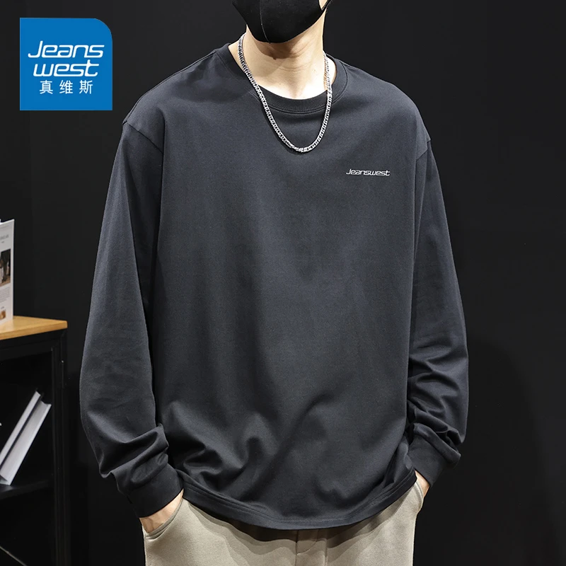 Jeanswest/真维斯圆领纯棉男生长袖春秋潮流百搭宽松休闲打底T恤