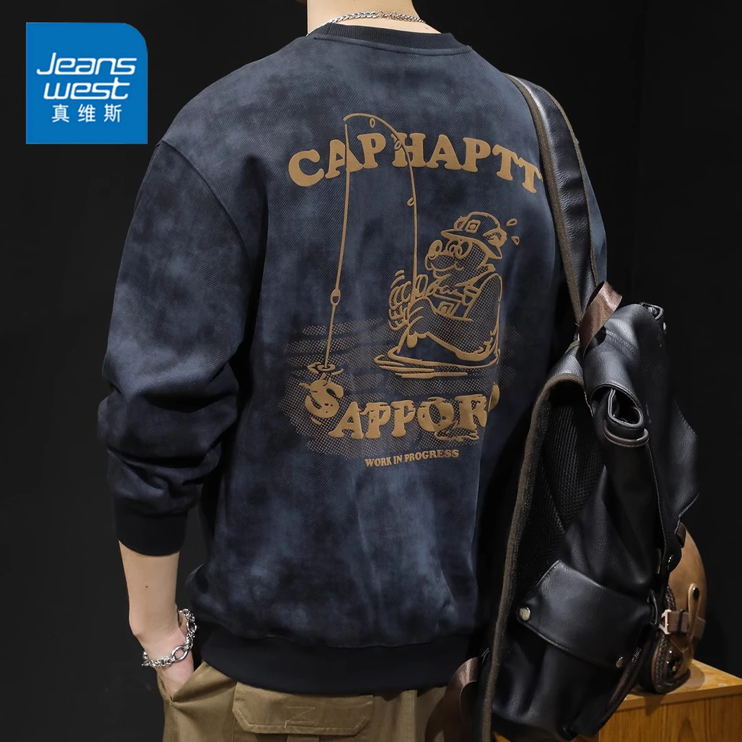 Jeanswest/真维斯春秋潮流圆领卫衣男士休闲宽松百搭印花长袖T恤