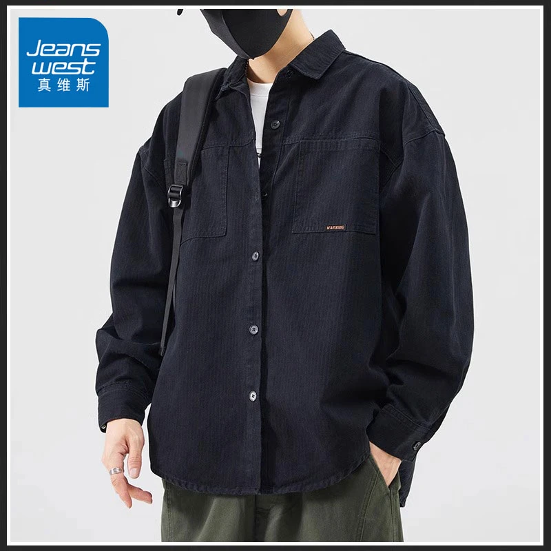 Jeanswest/真维斯工装长袖衬衫男士春秋纯棉宽松百搭美式潮牌外套