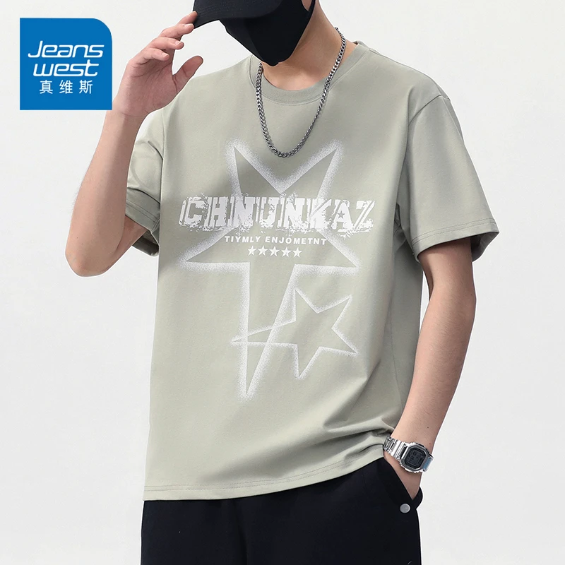 Jeanswest/真维斯潮流圆领印花男士T恤夏季宽松简约百搭短袖上衣