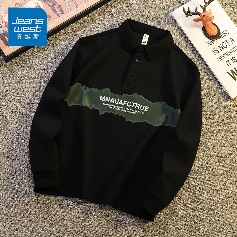 Jeanswest/真维斯春秋新款长袖polo衫男士潮流印花休闲翻领上衣男