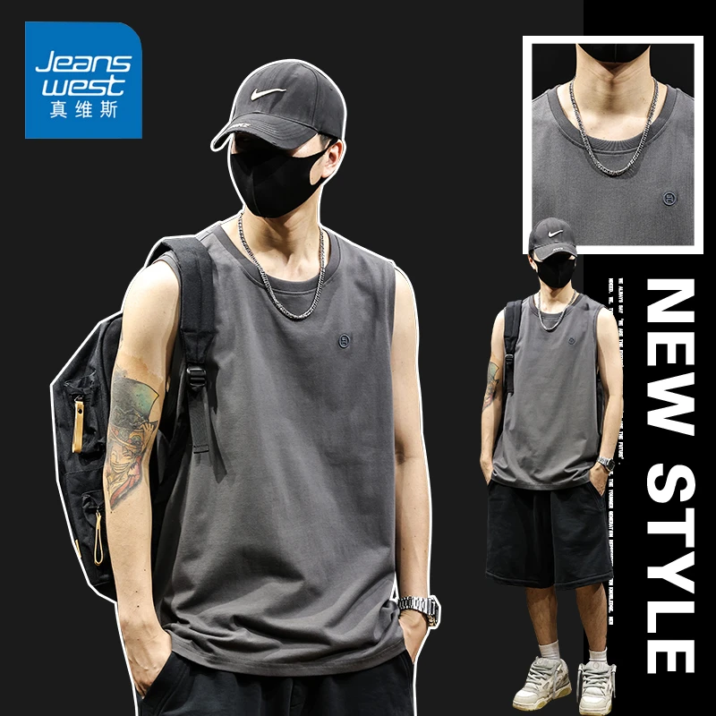 Jeanswest/真维斯夏季新款刺绣背心男士潮流宽松休闲简约无袖T恤