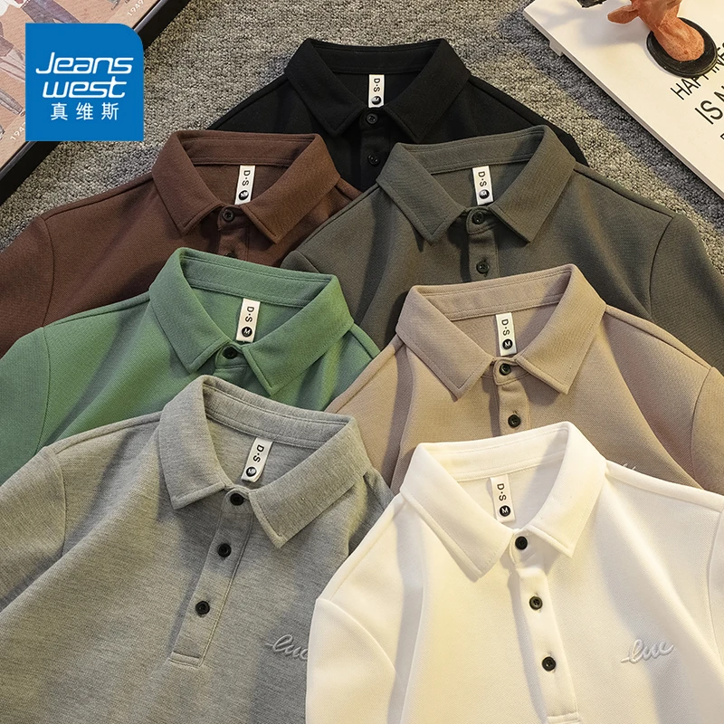 Jeanswest/真维斯春秋季翻领长袖男款潮流休闲百搭刺绣宽松polo衫