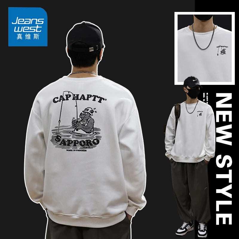 Jeanswest/真维斯秋季休闲圆领卫男生衣美式潮流百搭宽松印花长袖