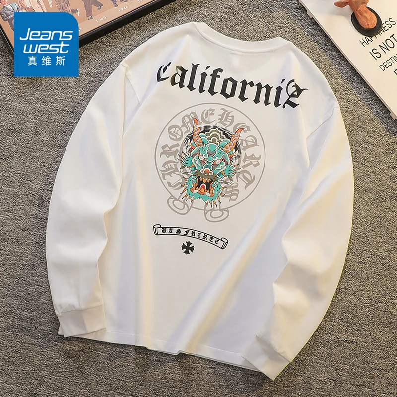 Jeanswest/真维斯男士潮流新款长袖上衣春秋宽松纯棉百搭印花T恤