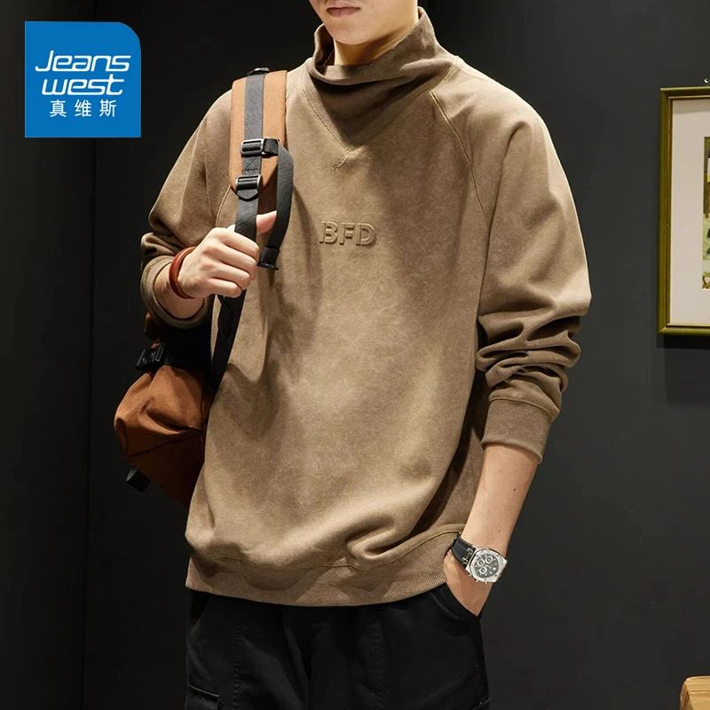 Jeanswest/真维斯春秋男士高领卫衣美式潮牌宽松百搭男款长袖T恤