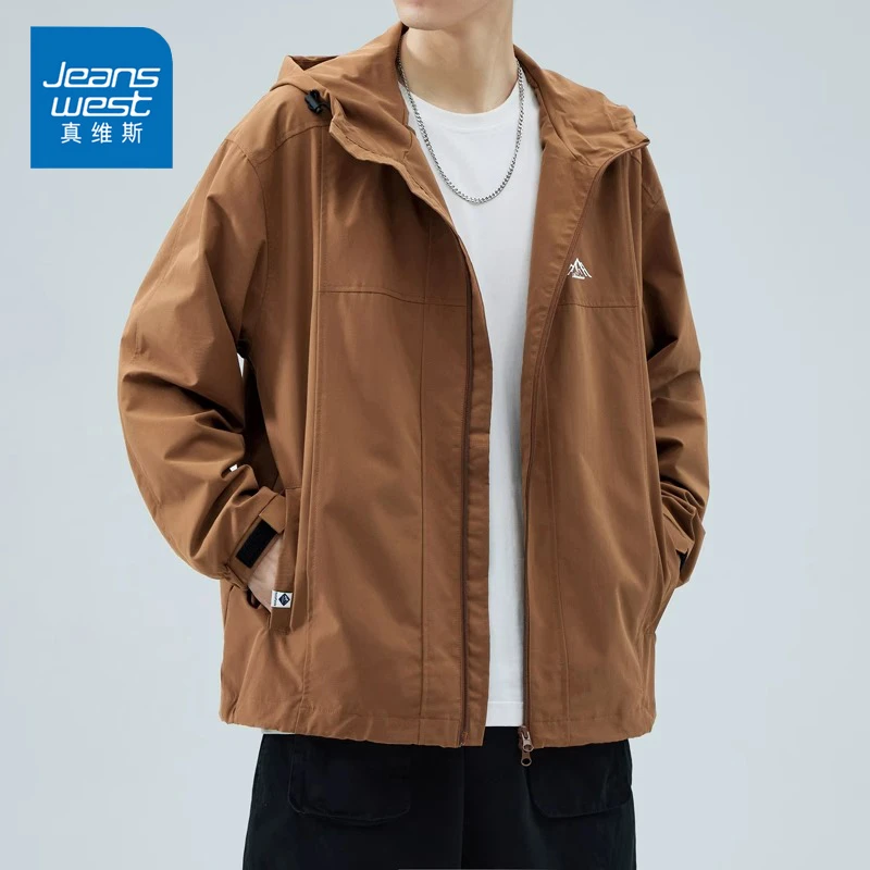 Jeanswest/真维斯春秋连帽夹克潮流宽松百搭工装男士冲锋衣外套