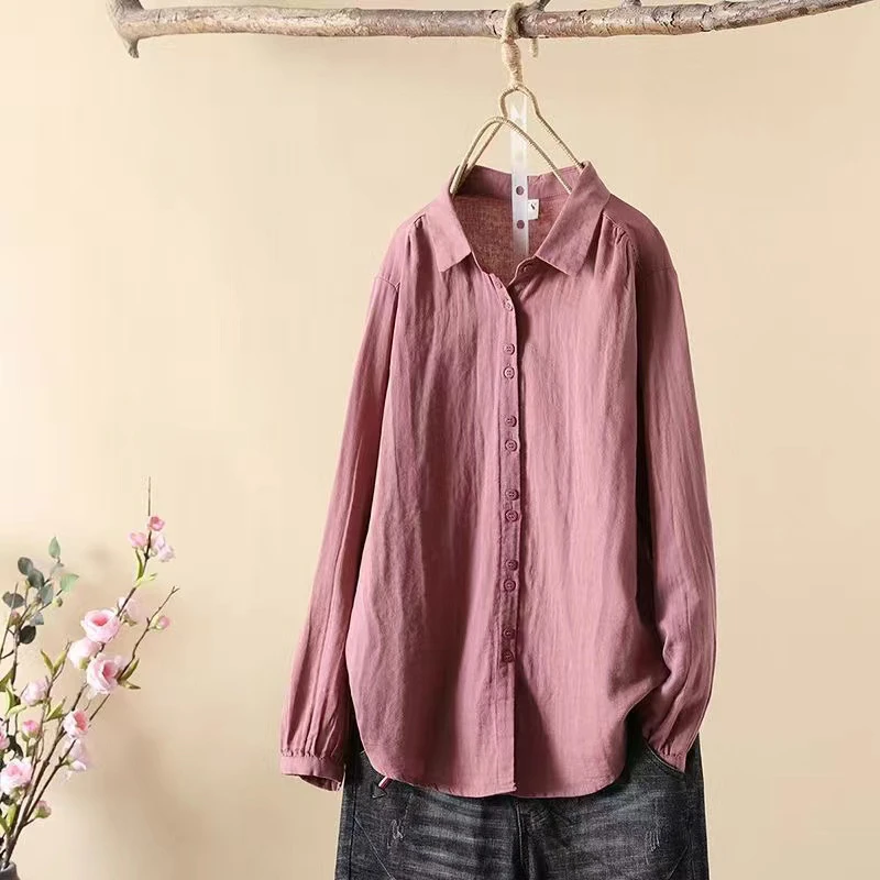 半生2023文艺复古双层纱棉纱双排扣春秋款气质休闲百搭衬衫女大码