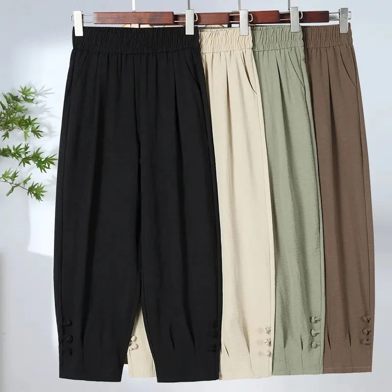 夏季薄款个性盘扣休闲灯笼裤女士中年妈妈裤子高腰宽松哈伦八分裤