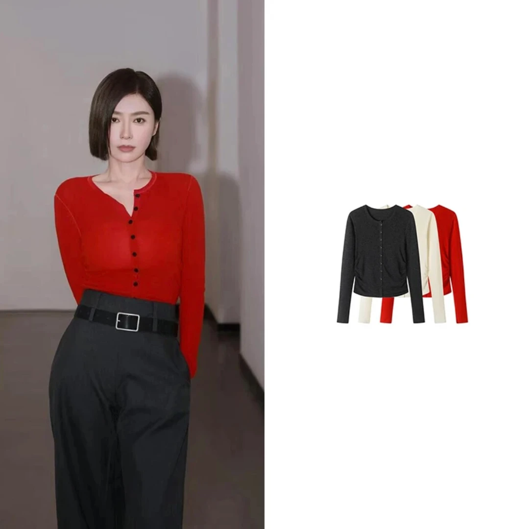 176【唐唐加】|秦岚同款|纯色简约捏褶收腰软糯圆领单排扣针织开衫