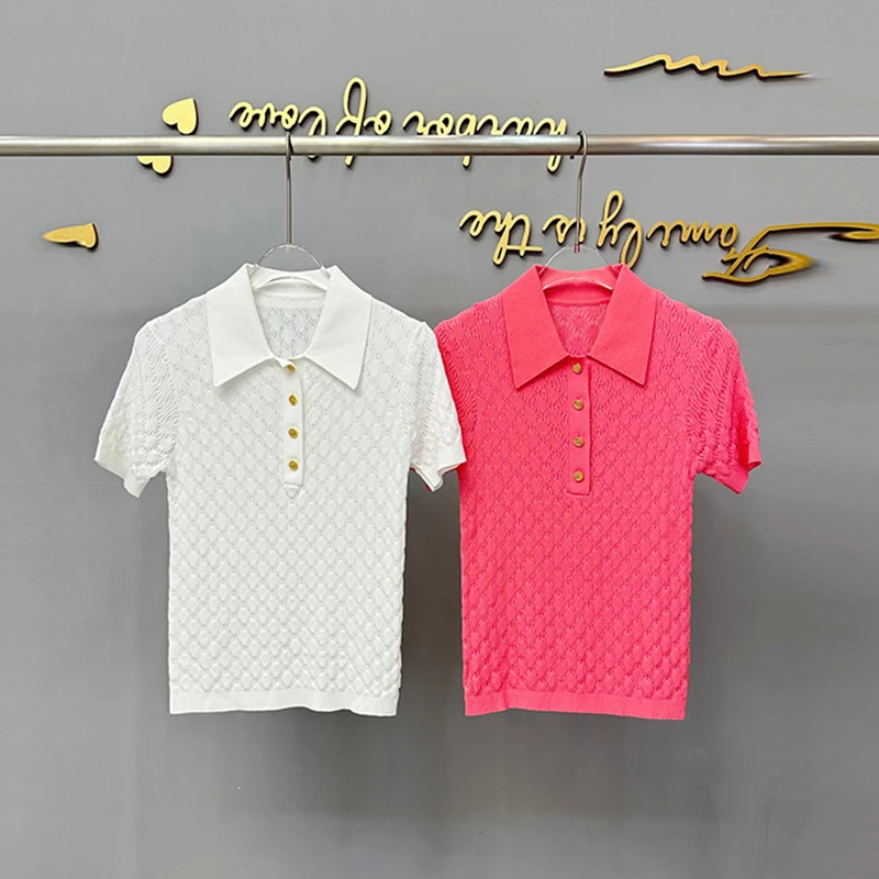 238  高版本|殴+|上衣女夏季菱格polo领薄款冰丝短袖修身针织衫