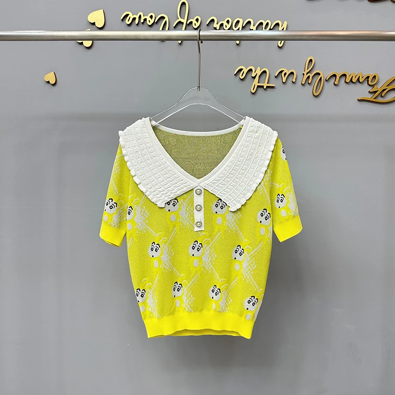 236  高版本|殴+|上衣女夏季卡通图案娃娃领宽松短袖套头针织衫