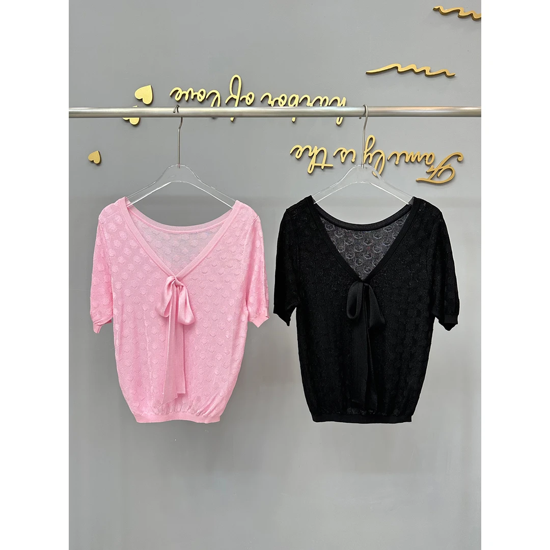 247 唐唐加上衣后背V领系带薄款短袖套头针织衫女夏
