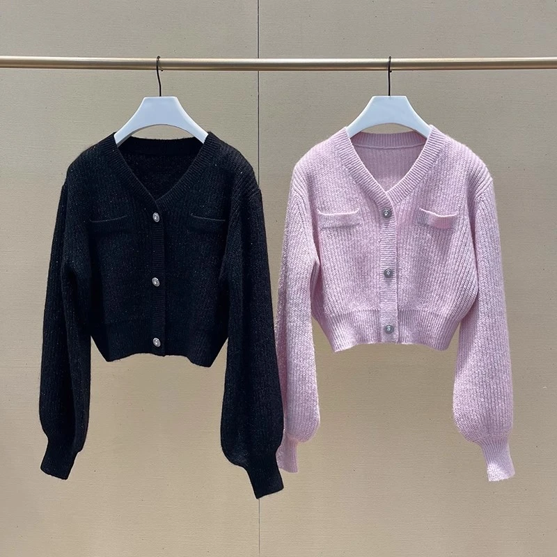 【116】|殴+|马海毛针织衫上衣女秋冬新款灯笼袖V领收腰毛衣
