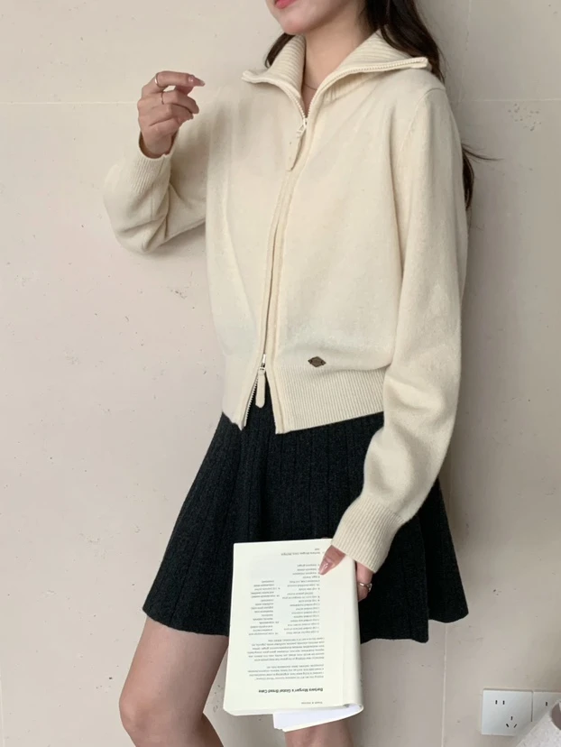 YOMII CAUSE/翻领带标拉链针织开衫