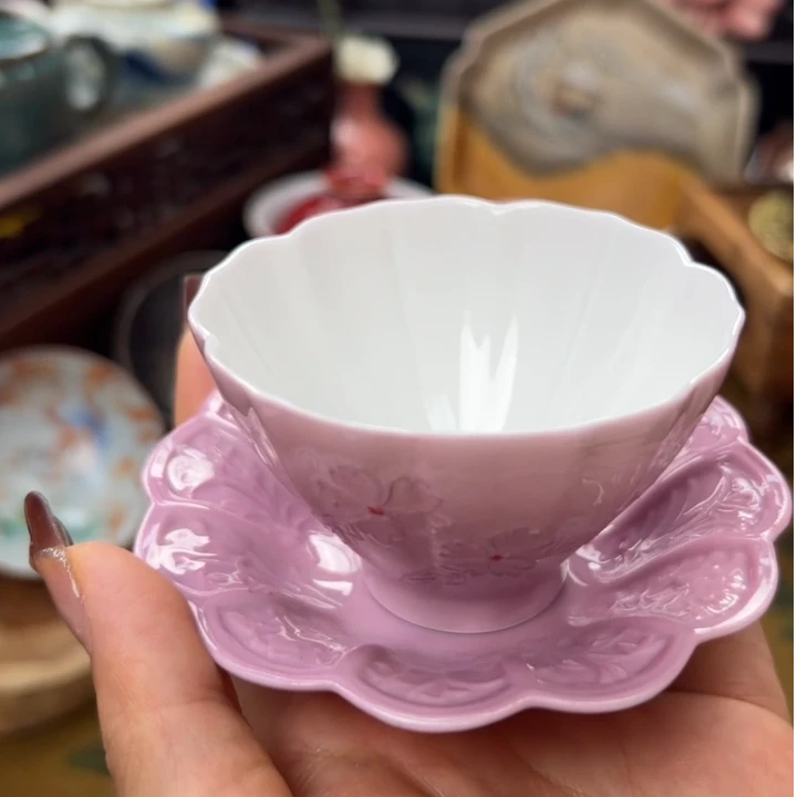 水粉手绘堆花花口套杯