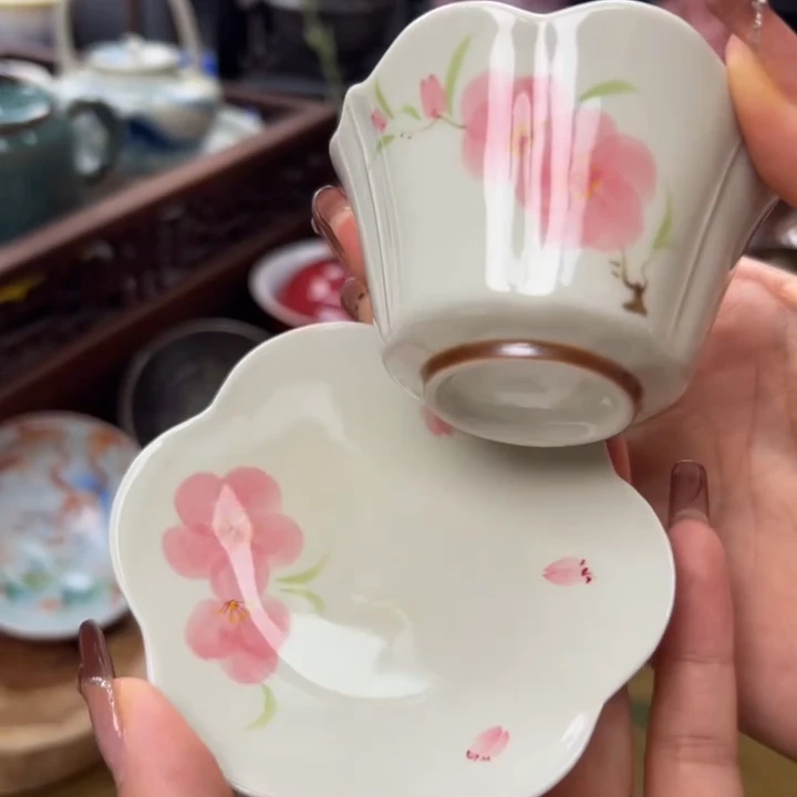 手绘桃花花口客杯套杯